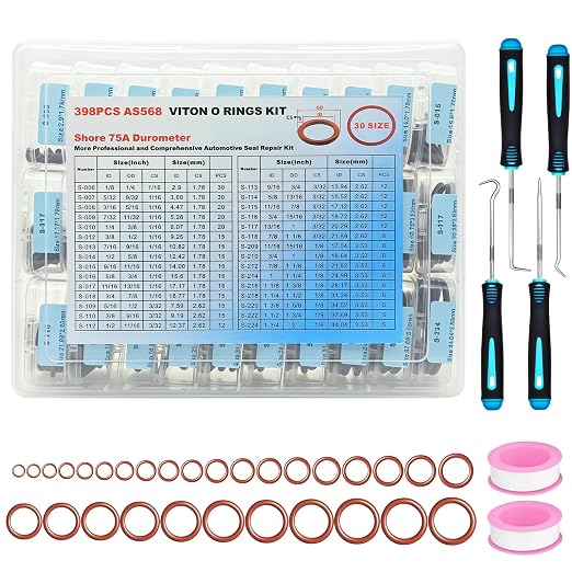 398PCS Viton O Rings for Car Repair, 30Sizes AS568 Viton O-Ring Kit, SAE FKM O Ring Seals for Auto Fuel,Hydraulic,A/C and Oil-line System, High Temperture Resistance Fluorocarbon Sealings