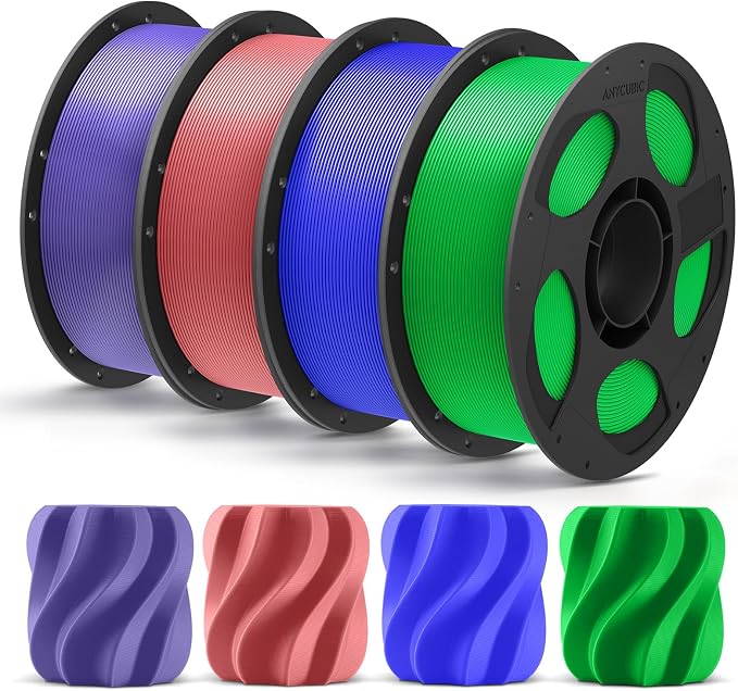 ANYCUBIC PLA Plus (PLA+), 3D Printer Filament 1.75mm Bundle, High Toughness, Dimensional Accuracy +/- 0.02mm, 4 Pack 1KG Reusable Spool, Pink, Purple, Blue, Green