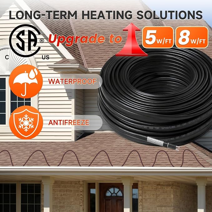 Cut-to-Length Roof & Pipe Heating Cable – Professional Bulk Roll, 120V 30Ft Self-Regulating 8w/ft CSA For Electricians and Installers (Requires End Seal & Power Cord Kit)
