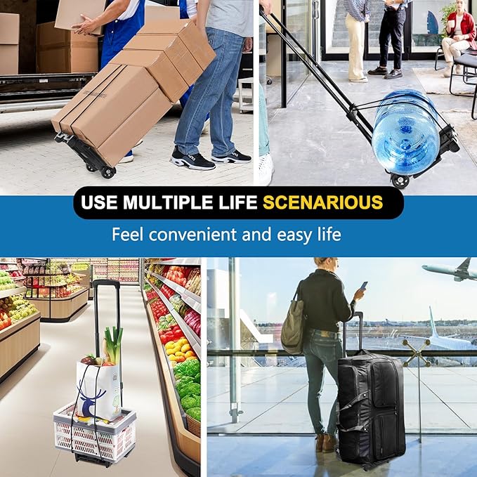 Folding Hand Truck Trolley Dolly, Folding Cart Small Trolley Dolly with Wheels, Lightweight Utility Dolly Trolly Expandable Baseplate Small Backpack Portable Luggage Cart for Airport Travel