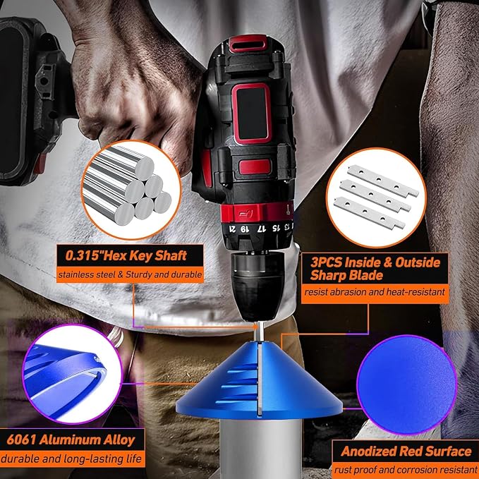 PVC Pipe Deburring Tool Plumbing Tool Pipe Chamfering Tool 3-Blade Drill Attachment for PVC CPVC ABS PP PE Pipes with 0.92in-3.89in OD 0.75in-3.5in ID Blue