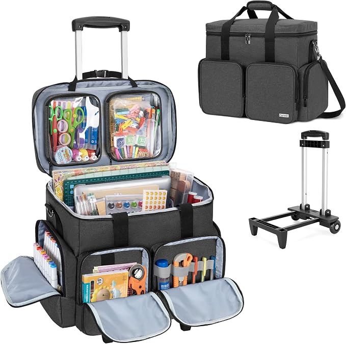 CURMIO Rolling Scrapbook Bag, Craft Bag with Wheels for Paper, Ablum, Black | Crafts Supplies Tote with Wheels, with 2 detachable zipper pouches, Removable Bottom Board, Shoulder Straps, Large Capacity
