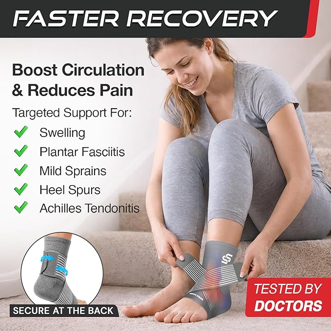 Sleeve Stars Ankle Brace for Women & Men, Ankle Wrap for Sprained Ankle, Compression Sleeve for Plantar Fasciitis Relief, Easy Customizable Support: w/Removable Strap (Single/L:12"-13"/Gray)