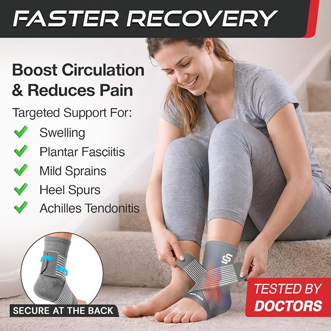 Sleeve Stars Ankle Brace for Women & Men, Ankle Wrap for Sprain, Compression Sleeve for Plantar Fasciitis Relief, Easy Customizable Support: w/ Removable Strap (Pair/M:10"-12"/Grey)