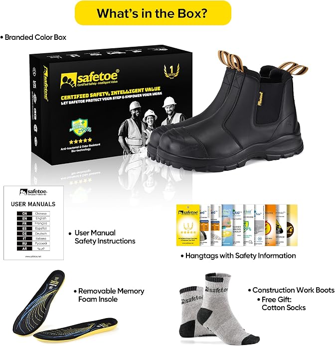 Steel Toe Work Boots for Men Cow Leather Slip on Safety Boot Ladder Grip Design