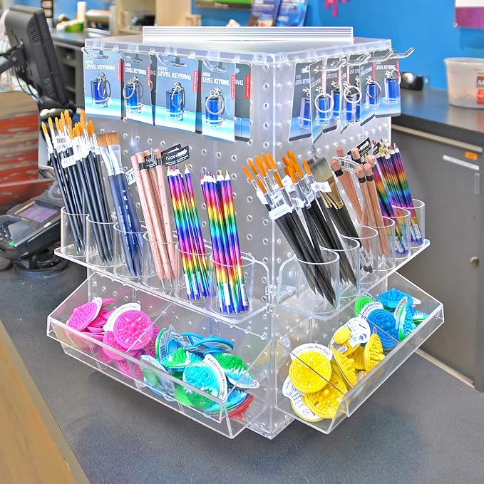 Azar Displays 701414-WHT Rotating Display Stand - 4-Sided Display Racks for Craft Shows - Peg Display Carousel (14” W x 14” D x 20” H) - Easy Assemble Revolving Display for Retail - Pegboard Organizer (White)