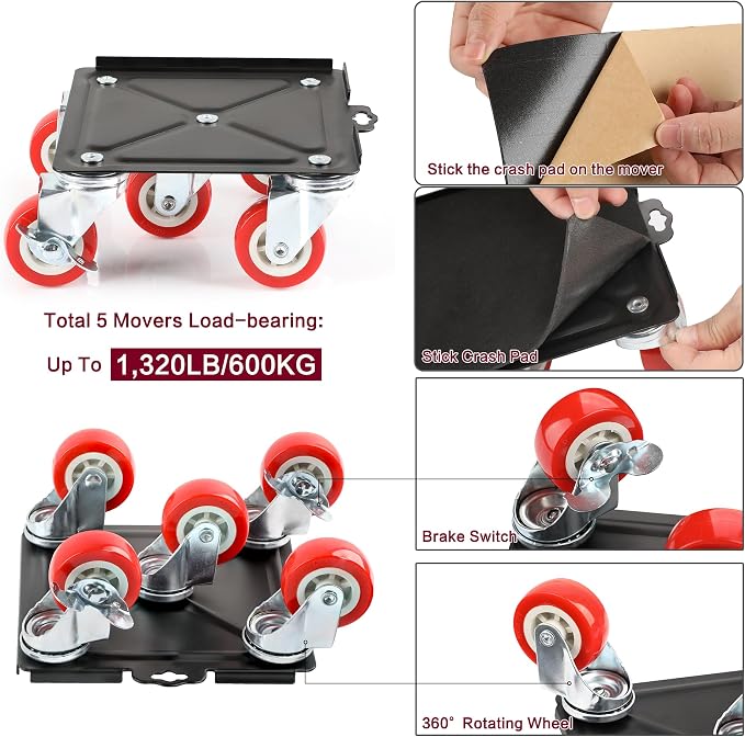 Heavy Duty Furniture Dolly with 5 Wheels, 3300 lbs Load Capacity for Easy Moving and Storage, Furniture Lift Mover Tool Set Perfect for Heavy Home or Office - Made of Premium Carbon Steel(4 Packs)