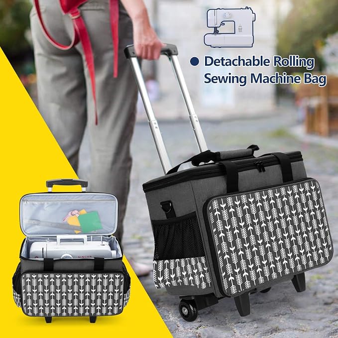 Yarwo Rolling Sewing Machine Carrying Case, Detachable Trolley Tote Bag with Removable Bottom Board and Thickened Trailer Leg for Most Standard Sewing Machine and Accessories, Black with Arrow