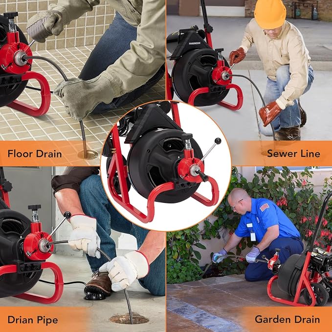 Drain Cleaner Machine, 100 ft X 3/8 in Drain Auge, Auto-feed Professional 6.8A Electric Drain Auger, Air-Activated Foot Switch, w/ 6 Cutters, Gloves, Cleaner Sewer Snake