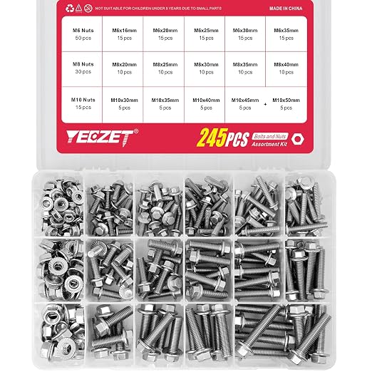 245PCS M6 M8 M10 Heavy Duty Flanged Bolts and Nuts Kit,Stainless Steel 304 Metric Flanged Hex Screws Nuts Includes 15 Most Common Sizes