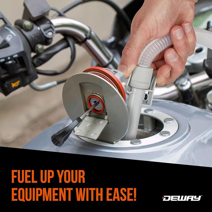 DeWay Fuel Transfer Pump for Gas Can with Precision Auto-Shutoff Nozzle | Fast 2.4GPM Flow Rate, Long 51” Hose, 4 AA Battery Power & 3 Fuel Adapters for Gasoline, Kerosene, Diesel & Non-Potable Water
