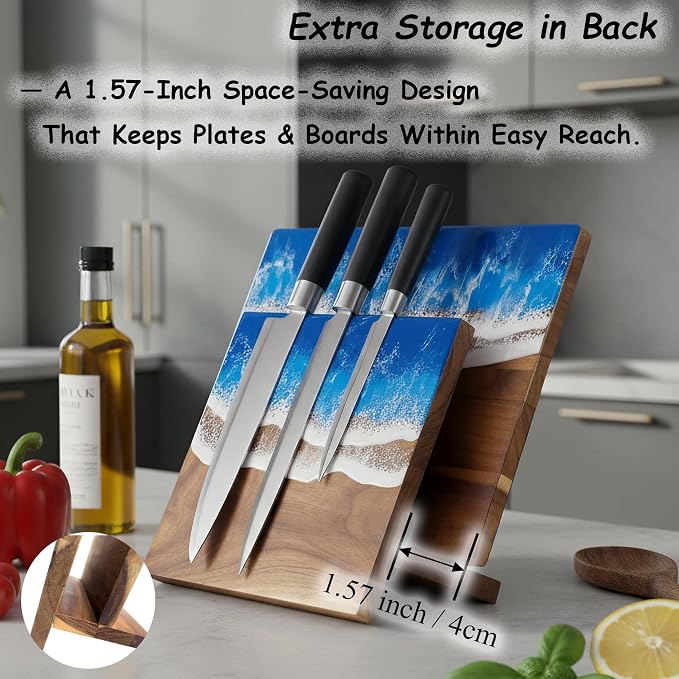 Magnetic Knife Holder Stand Acacia Wood Resin Knives Block Holder with Unique Ocean Wave Resin Design & Dish Holder for up to 9″ Knives Kitchen Storage Solution Chef Gift (Without Knives)