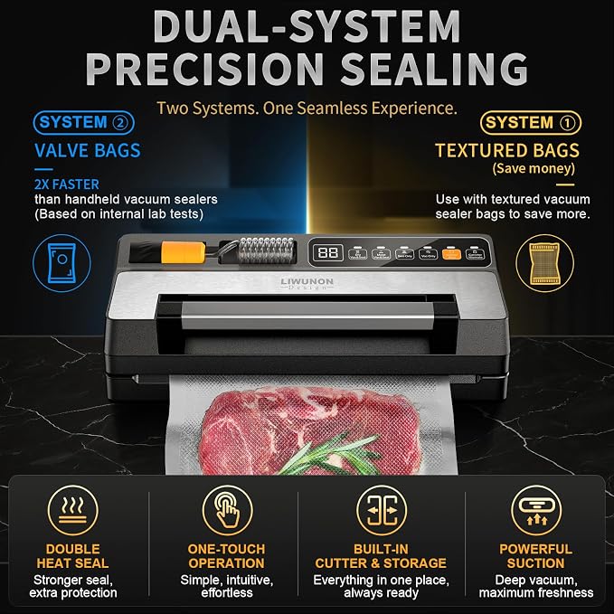 Next-Gen Vacuum Sealer Machine, Food Vacuum Sealer with Powerful Suction Pump, Dual-System for Valve&Textured Bags, Canisters & Marinate, Dual-Heat Seal for Dry&Moist Food, Built-in Cutter&Bag Storage