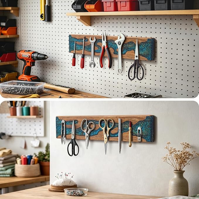FINDKING Magnetic Knife Strip for Wall, Solid Acacia Wood with Mineral Blue Resin Inlay, Wall-Mounted Knife Holder with Strong Magnetic Hold, No-Drill Adhesive Mount (18 Inch)
