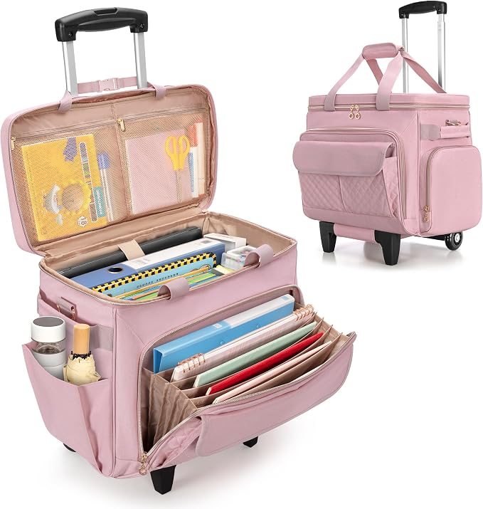 LUXJA Rolling Teacher Bag with Laptop Compartment and Detachable Dolly, Multifunctional Rolling Briefcase with Accordion File Area (Patented), Pink