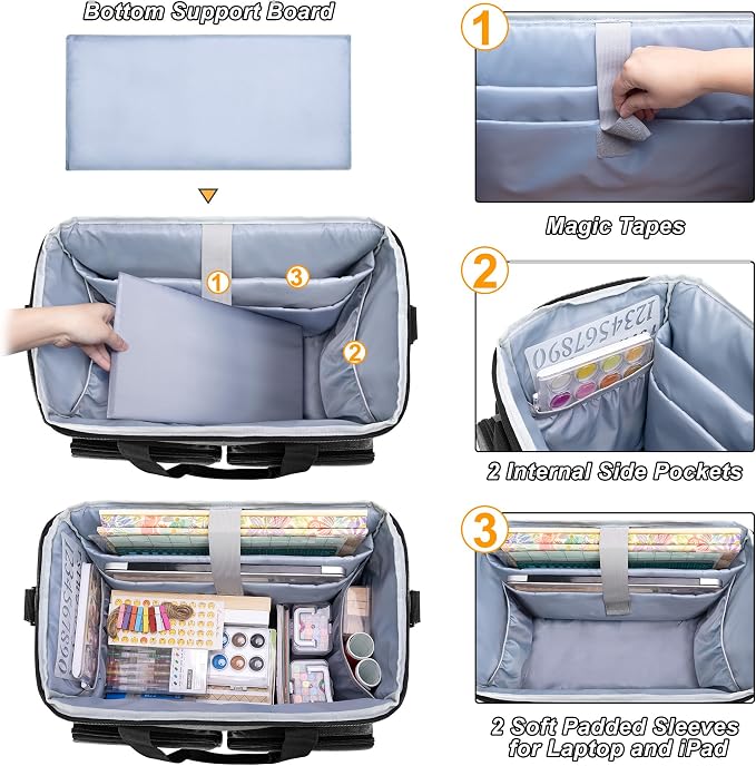 CURMIO Rolling Scrapbook Bag, Craft Tote with Wheels for Paper, Ablum, Gray | Crafts Supplies Tote with Wheels, with 2 detachable zipper pouches, Removable Bottom Board, Shoulder Straps, Large Capacity