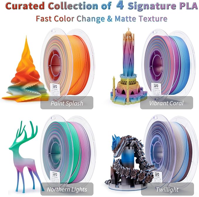 ZIRO Matte Fast Color Change PLA Bundle, 1.75mm Color Gradient Filament 4 Packs, No-Shine Rainbow PLA Filaments, Fit Most 3D Printers and Pen, 2.2lbs X 4 Spool