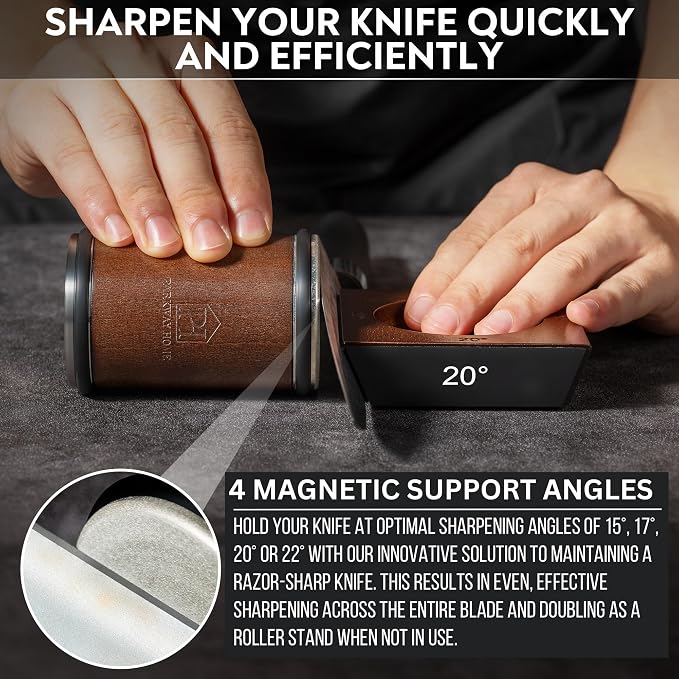 Rolling Knife Sharpener with Leather Strop and 15, 17, 20 & 22 Degree Angles - Knife Sharpener Kit - Roller Knife Sharpening System with Stand, Holder & Eraser - Walnut Brown