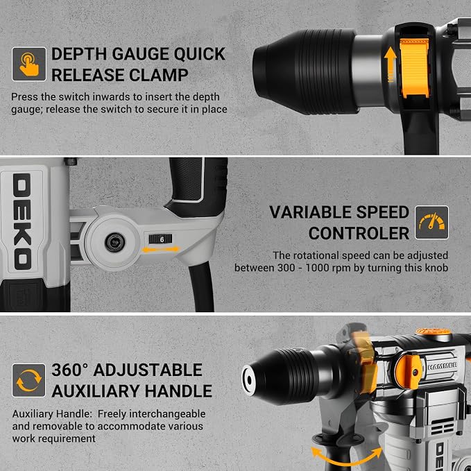 1-1/4 Inch SDS-Plus Rotary Hammer Drill, 12.5Amp Electric Heavy Duty Hammer Drill Corded with 4 Functions, Demolition Hammer for Concrete with Drill Bits and Chisels, Safety Clutch & Vibration Control