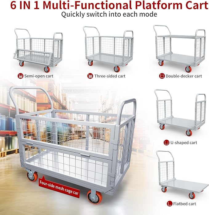 YITAMOTOR 2000lbs Platform Truck Cart with Cage, 6-in-1 Foldable Heavy Duty Hand Truck Flatbed Cart with 6" Swivel Casters, Multi-Functional Push Dolly for Grocery, Laundry, Warehouse, Storage