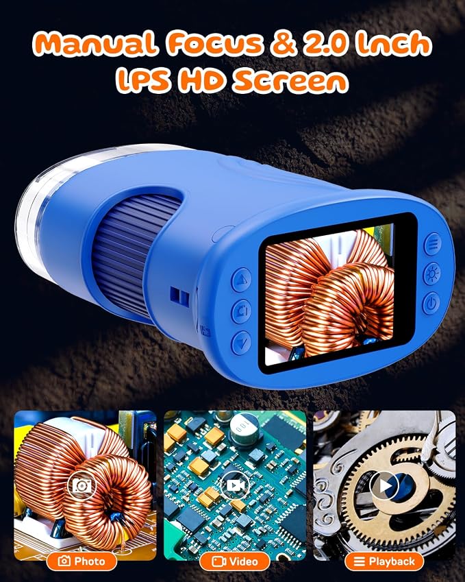 1000X Coin Microscope with Lights 2.0" IPS Screen, Digital Handheld Coin Magnifier with 8 Adjustable LED Light, Portable Rechargeable Pocket Microscope Compatible with Windows/Mac, Blue