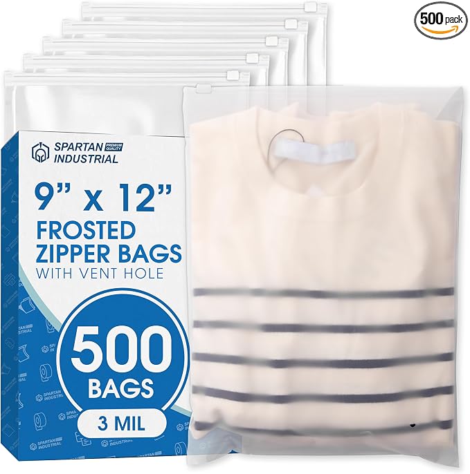 Spartan Industrial - 9" X 12" (500 Count) 3 Mil Frosted Reclosable Zip Plastic Bags with Resealable Lock Seal Zipper and Vent Hole | For Packaging Clothes, Shirts & More