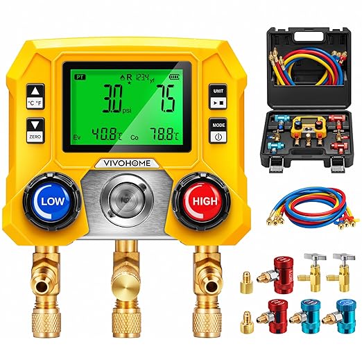 VIVOHOME Digital HVAC Manifold Gauge Set with R134a R1234yf Quick Couplers and Can Taps, Refrigeration Car AC Gauges with 3 Hoses for R134a R410a R32 R1234yf R454B Refrigerant Recharge Kit