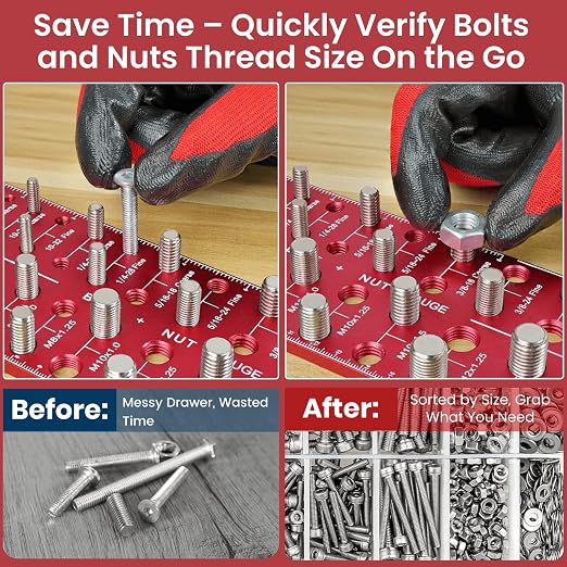 Thread Checker, Rustproof Nut and Bolt Thread Checker, Wall-Mountable Bolt Size Finder Tool, 30 SAE & 30 Metric Thread Gauge, Bolt and Nut Sizer for Quick Measurement