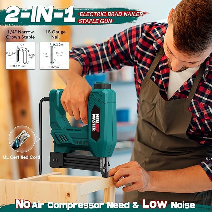 NEU MASTER Brad Nailer, 2 in 1 Electric Staple Gun/Nail Gun for Wood, Upholstery and DIY Projects, 1/4'' Narrow Crown Staples 200pcs and Nails 800pcs Included (Renewed)