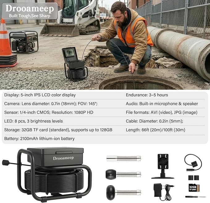 Sewer Camera, Sewer Inspection Camera, 5" IPS HD Drain Camera with 8 Lights, IP68, 32GB, DVR, FOV145°, Microphone & Speaker, for Pipe, Home Duct, Plumbing - 66FT
