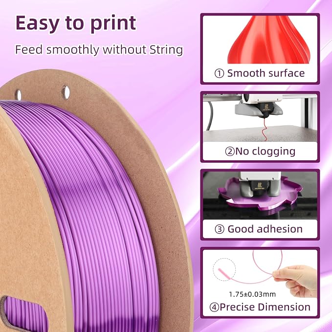 3DHoJor Silk PLA Filament 1.75mm, PLA Filament 1.75mm Silk Shiny 3D Printer Filament, 1kg Cardboard Spool (2.2lbs), Dimensional Accuracy +/- 0.03 mm, Fit Most FDM Printer（Purple）