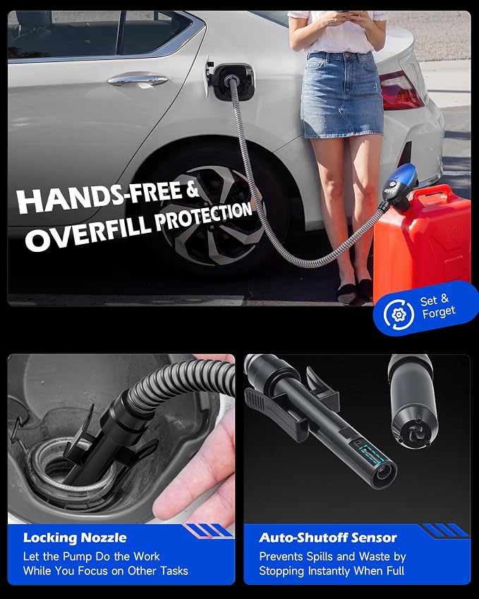 Orion Motor Tech Electric Fuel Transfer Pump with Auto-Shutoff, 3.2GPM Gas Can Pump, 51" Hose, USB-C & AA Battery (NO BATTERIES INCLUDED) Powered, 4 Adapters for Gasoline, Diesel, Kerosene, Blue