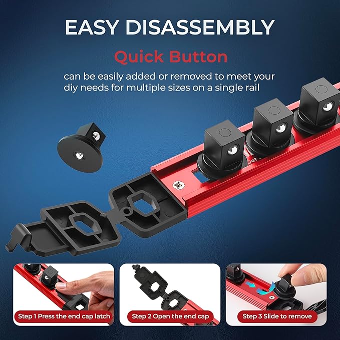 Reniteco Magnetic Socket Organizer Set, 3-Piece 1/2" 3/8" 1/4" Drive Aluminum Alloy Socket Holder with 40PC 360° Swivel Removable Clips, Magnetic Socket Rail for Tool Box Drawer, Red