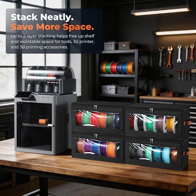 YOOPAI Filament Storage Box, 6 Pack Stackable 3D Printer Filament Storage Organizers for 36 Spools, Foldable Oxford Fabric Containers with Clear Window, PP Support Panels and Handles, Black