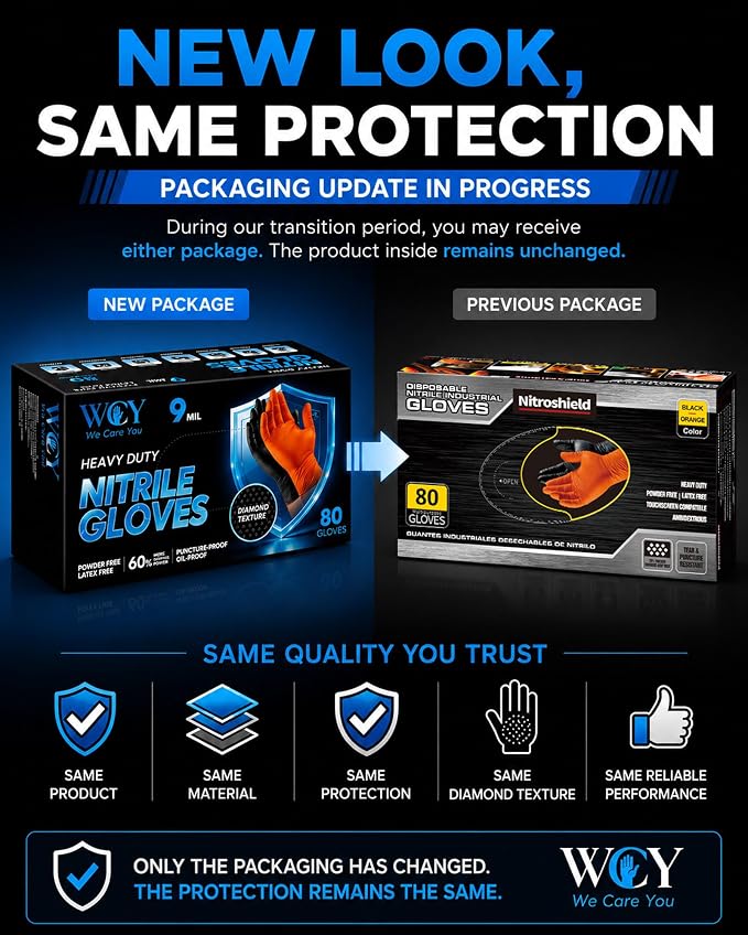 wcy 9mil Heavy Duty Disposable Nitrile Gloves, Black XLarge 80Pcs -Chemical Resistant, Latex Powder Free Rubber Gloves Diamond Texture for Automotive, Mechanics, Cooking,BBQ, Industrial Use