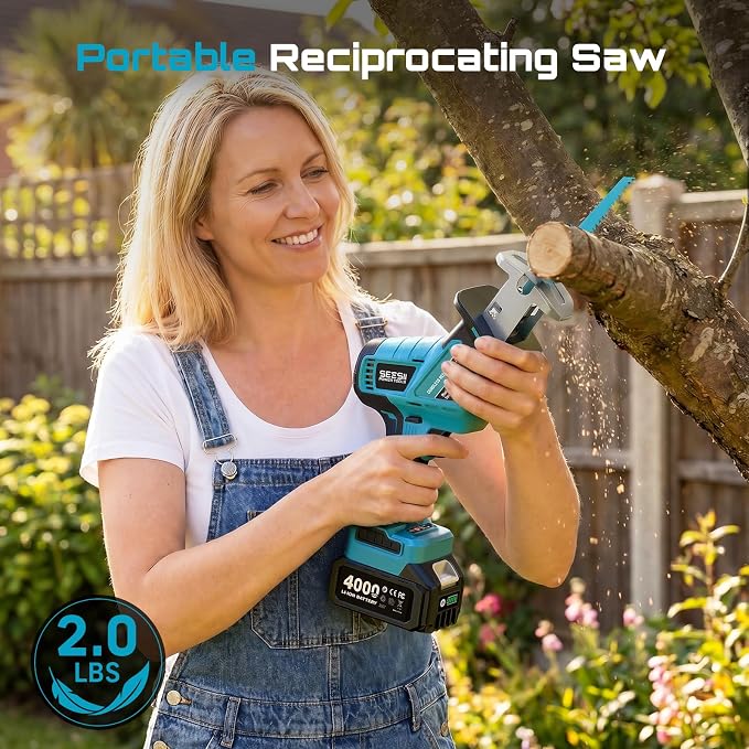 SEESII Reciprocating Saw Cordless, Variable Speed 3500 RPM Brushless Motor with 6 Saw Blades, 2 x 4.0Ah Batteries, LED Light, Tool‑Free Blade Change, Portable for Wood PVC Cutting