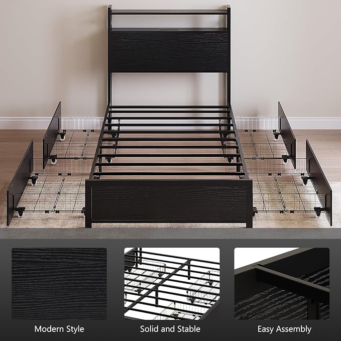 VINGLI LED Twin Bed Frame with 4 Storage Drawers and Adjustable Headboard Shelf, Metal Platform Panel Bed with Charging Station for Kids Teens, Adults, No Box Spring Needed, Black
