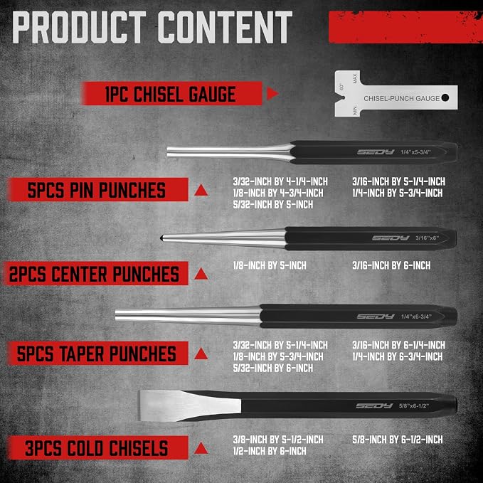 16-Piece Punch and Chisel Set, Includes Pin, Taper and Center Punch Tools, Cold Chisels and Chisel Gauge for Metalworking, Automotive Repair, Woodworking and Maintenance