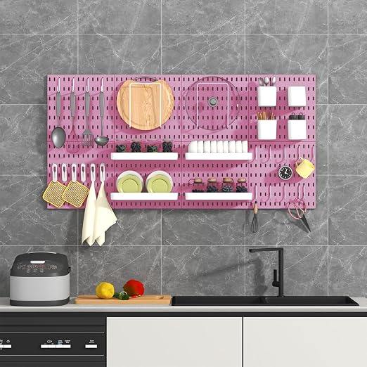 Pegboard Combination Kit, 8 Peg Boards and 30 Accessories Modular Hanging Black Pegboard for Walls, Office Wall Organizer, Keys Holder on Wall, Nursery Storage, 44"x22" Pink