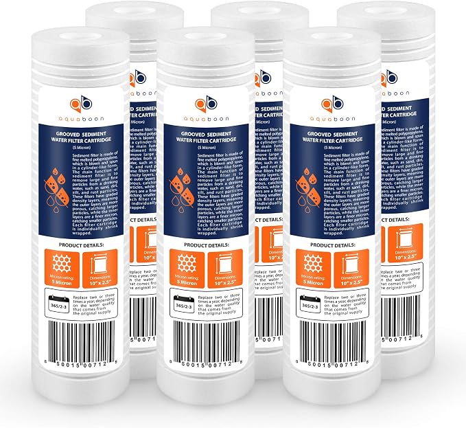 Aquaboon 5 Micron 10 x 2.5 Grooved Sediment Water Filter Replacement for Whole House Filter Cartridge Compatible with AP110, WHKF-GD05, CFS110, 6-Pack