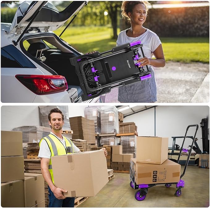 330LB Folding Hand Truck Moving Dolly, Hand Trucks Heavy Duty Combination of 4 Wheels and 2 Wheels Convertible Dolly Cart with Retractable Handle Dolly for Moving Office Carts(Purple)
