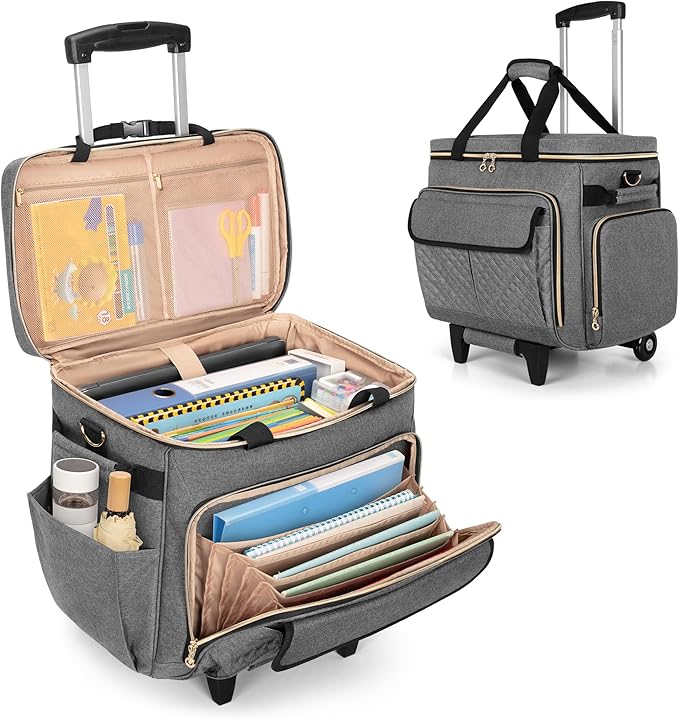 LUXJA Rolling Teacher Bag with Laptop Compartment and Detachable Dolly, Multifunctional Rolling Briefcase with Accordion File Area (Patented), Gray