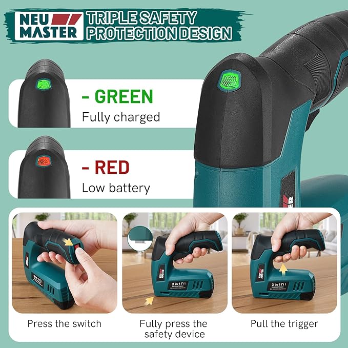 NEU MASTER 2-in-1 Cordless Electric Staple Gun & Brad Nailer, 4V Rechargeable Power Stapler with 2000pcs Staples & Nails Included, USB Charging, Lightweight for Upholstery, Woodworking & Home DIY