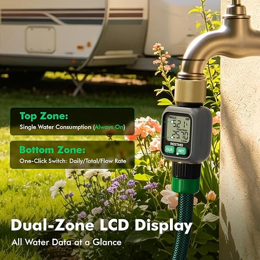[2 Pack] RESTMO Water Flow Meter with Dual Zone Display Screen, Brass Inlet & Outlet Water Meter, ±4% Accuracy, Measure Gallon/Liter Consumption and Flow Rate for RV, Garden Hose, Sprinkler & Nozzle