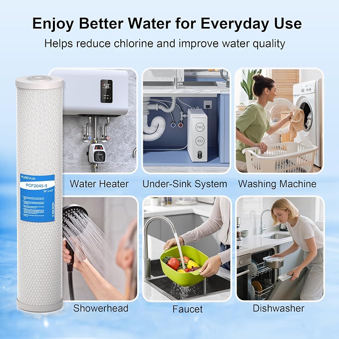 5 Micron 20" x 4.5" Whole House CTO Coconut Shell Activated Carbon Water Filter Replacement Cartridge, Compatible with WCBCFF20, CB-45-2005, CB-BB-20, FC25B, CTO20BB, 2-Pack