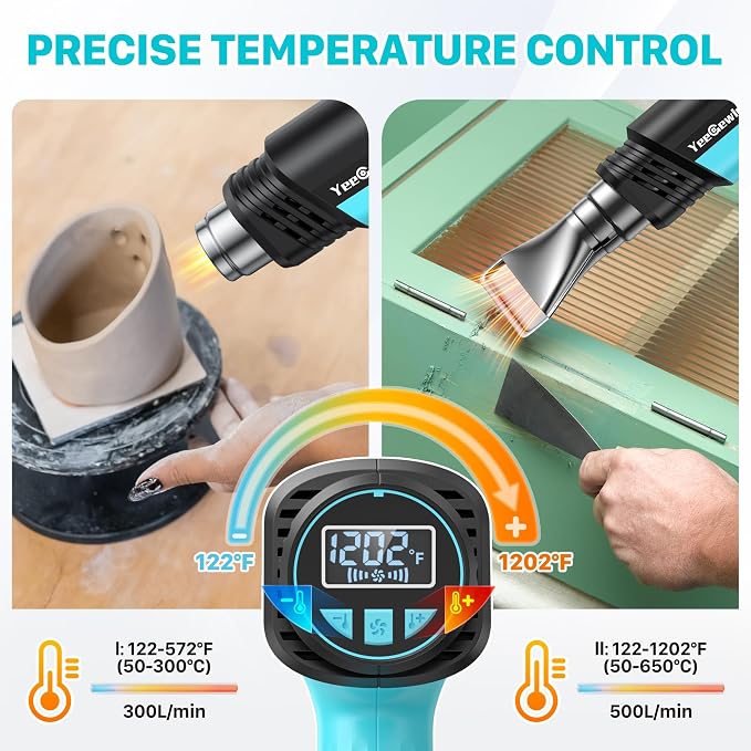 1800W Heat Gun Compact Design Hot Air gun with LCD Display Variable Temperature Control 122℉-1202℉(50℃-650℃) with Memory Function and 4 Nozzles for Crafts, PVC Heating and Paint Removal
