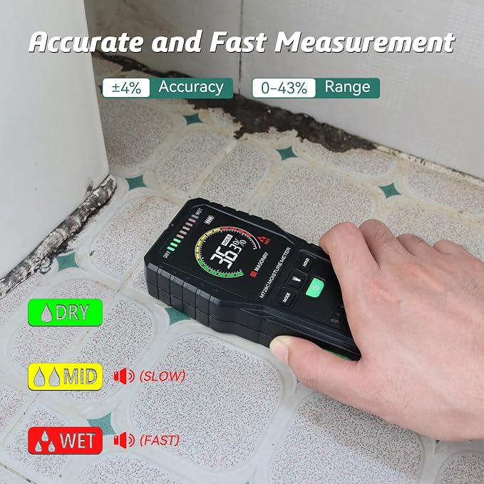 RDINSCOS Pinless Moisture Meter for Wood & Wall | Digital Moisture Detector, Flooding Detection, High Humidity Detection, For Basements, Bathrooms, Kitchens