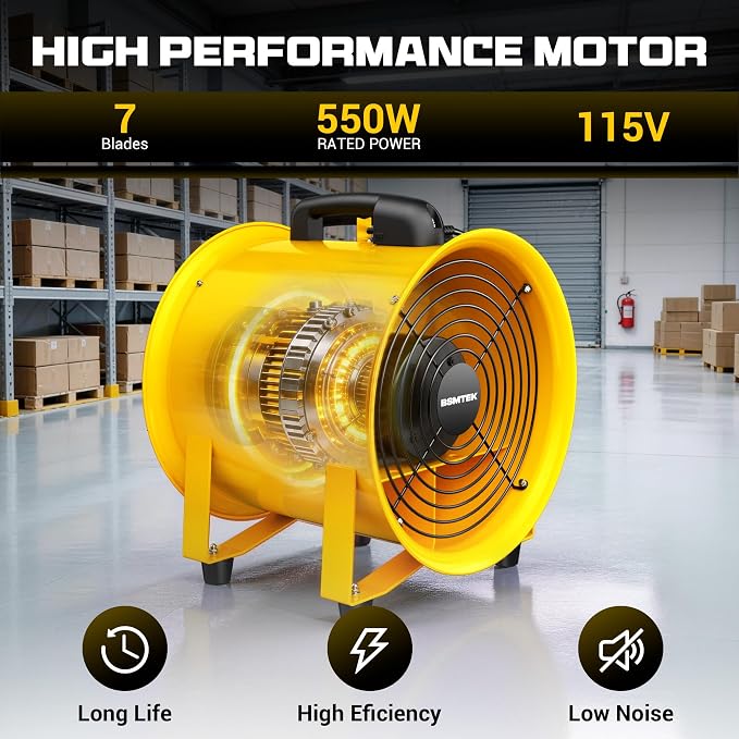 12 Inch High-Portable Exhaust Fan, 3500CFM 550W with 40FT Duct Hose, Low-Noise Industrial Portable Ventilator Blower for Basements, Workshops, Warehouses, Confined Spaces