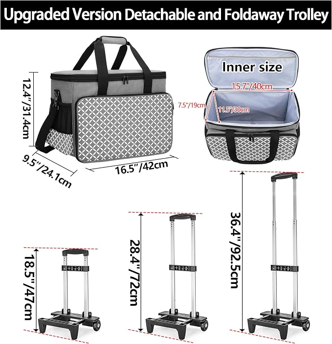 Yarwo Upgraded Rolling Sewing Machine Carrying Case, Detachable Trolley Tote Bag with Removable Bottom Board and Thickened Trailer Leg for Most Standard Sewing Machine and Accessories, Gray with Grid