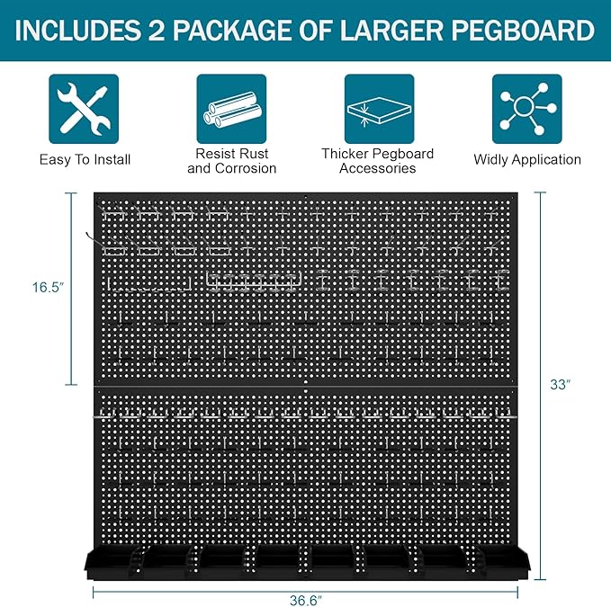 Pegboard Kit with Accessories,Includes 2 Pack 16" X 36" Steel Pegboard and 180 PCS Varied Accessories,can be Used for Tool Storage and Garage Organization. (Black Box)